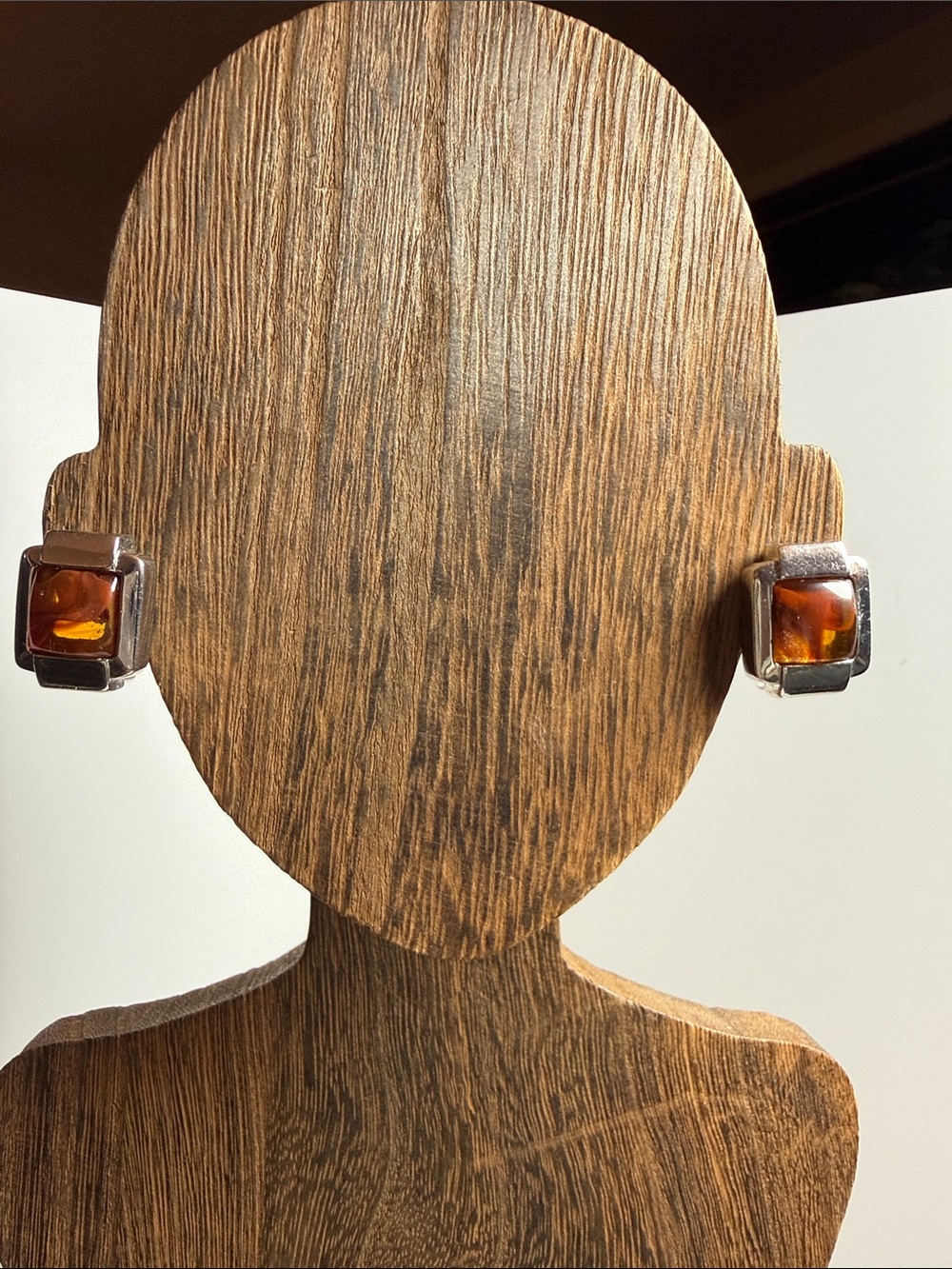 Vintage David Grau Amber color Square Stone Silver-Tone Clip Earrings